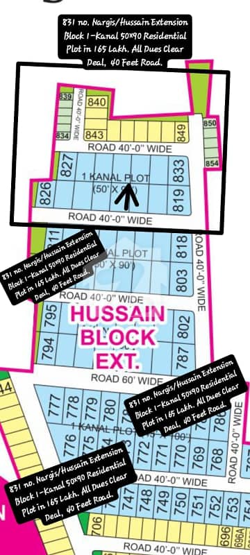 831 no. Nargis/Hussain Extension Block 1-Kanal 45 by 100 Residential Plot in 165 Lakh. All Dues Clear Deal, 40 Feet Road. Best Location For Constructing Your Dream House in Bahria Town Lahore