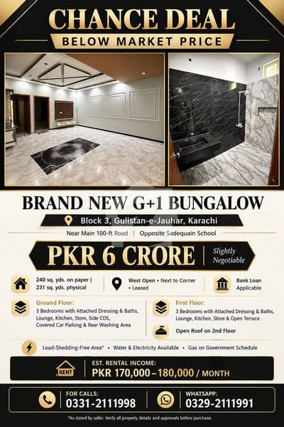 Brand New 240-Yard Leased West Open G+1 Bungalow for Sale in Block 3, Gulistan-e-Jauhar PKR 6 Crore