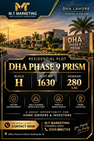 10 Marla Residential Plot for Sale in DHA Phase 9 Prism, H Block