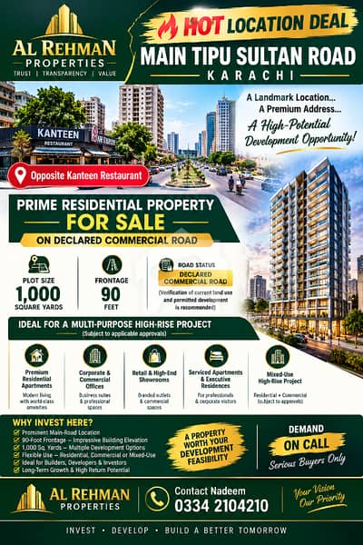 **HOT COMMERCIAL LOCATION DEAL MAIN TIPU SULTAN ROAD!** **1,000 SQ. YDS. PRIME PROPERTY FOR SALE** Opposite Kanteen Restaurant, Main Tipu Sultan Road, Karachi **HOT COMMERCIAL LOCATION DEAL MAIN TIPU SULTAN ROAD!** **1,000 SQ. YDS. PRIME PROPERTY FOR SALE** Opposite Kanteen Restaurant, Main Tipu Sultan Road, Karachi